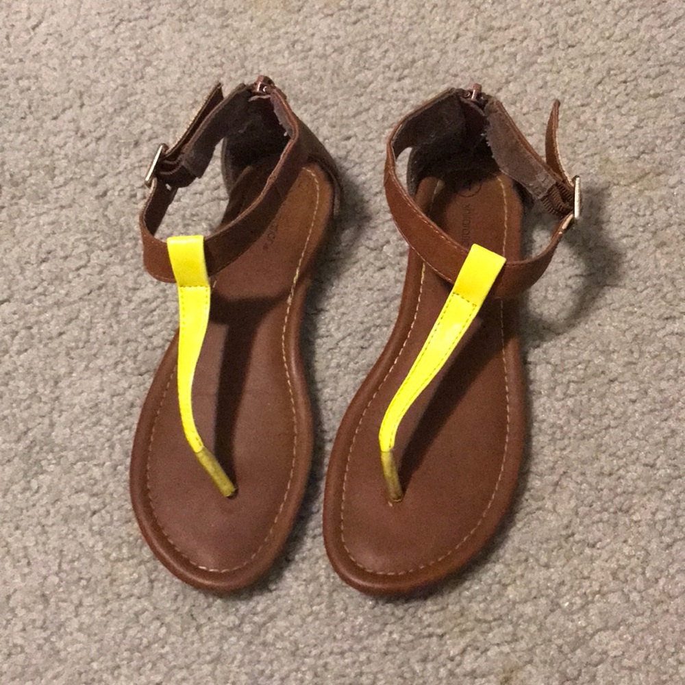 brown and neon yellow sandals